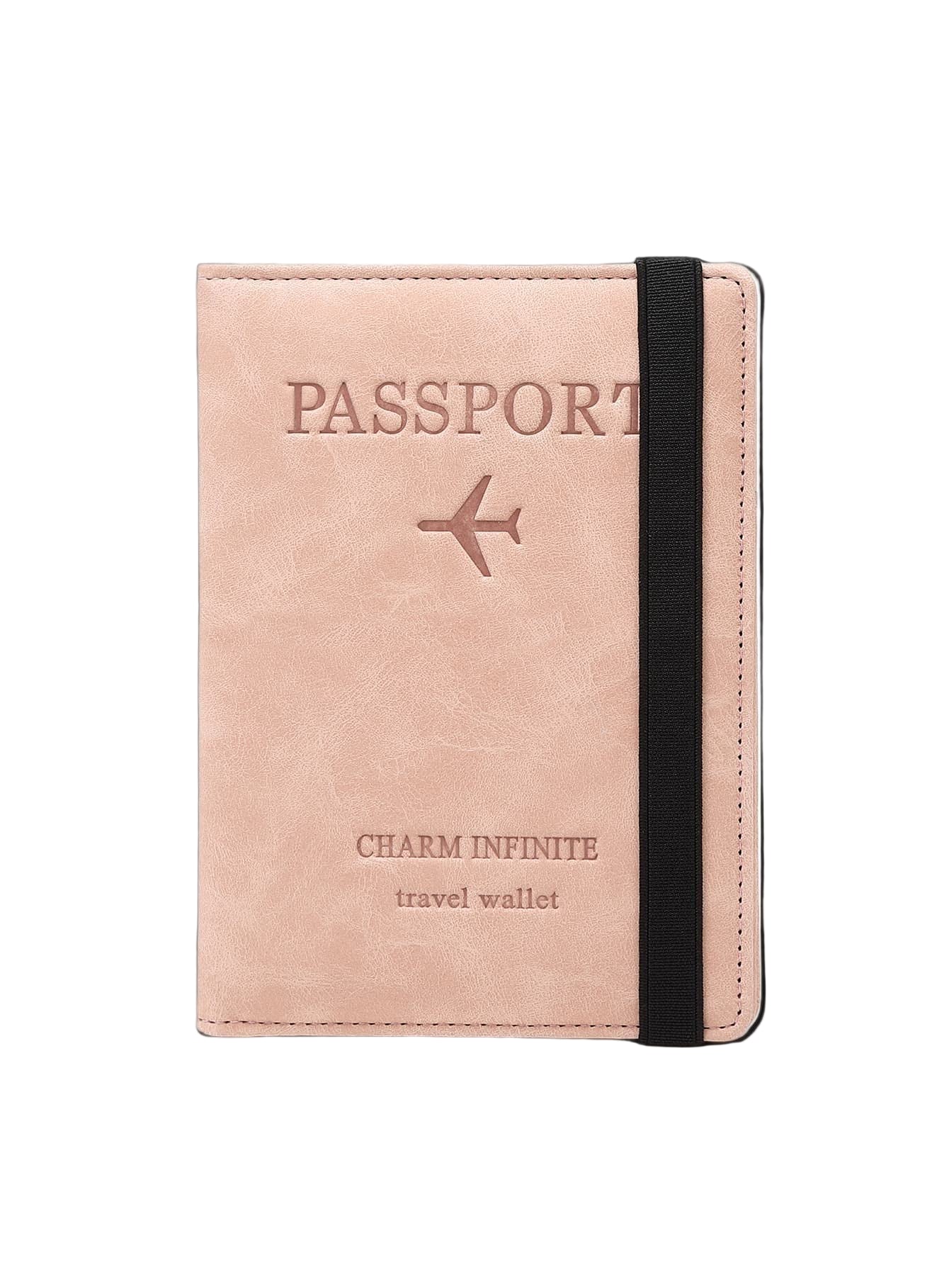 Pink passport holder with black strap on a white background